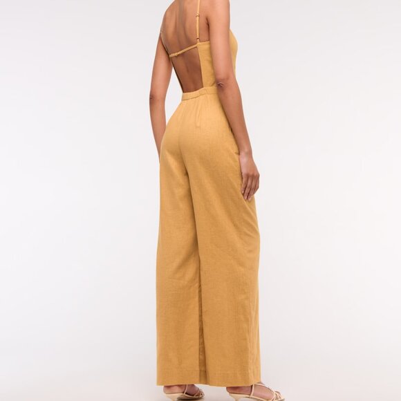 Abercrombie & Fitch Linen-Blend Apron Jumpsuit - Honey Yellow, M Tall (NWT!) - Picture 1 of 8